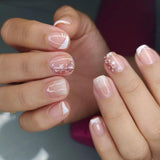 Set unghie finte adesive - Unghie finte francesi - 24 pezzi Design quadrato corto Unghie artificiali con sfumatura rosa bianca e manicure con ballerina (Short Pink Gradient)