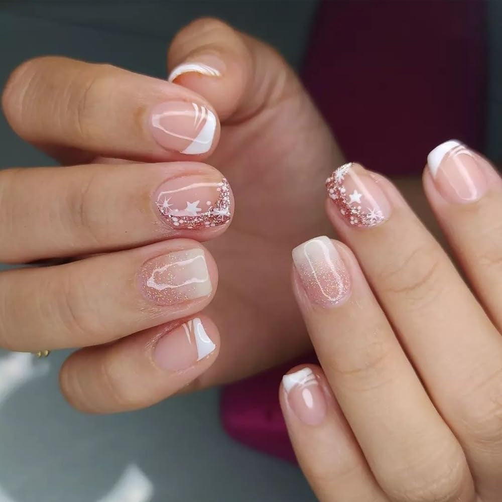 Set unghie finte adesive - Unghie finte francesi - 24 pezzi Design quadrato corto Unghie artificiali con sfumatura rosa bianca e manicure con ballerina (Short Pink Gradient)