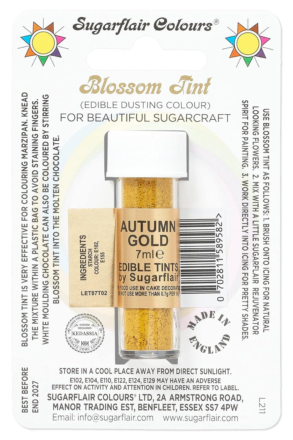 Sugarflair Blossom Tint Dust Colorante Alimentare in Polvere Autunno Oro - Colorante Alimentare in Polvere per Decorazioni Pasta di Zucchero Colorata, Fondente, Glassa, Cioccolato, Crema di Burro, Macarons - 7Ml