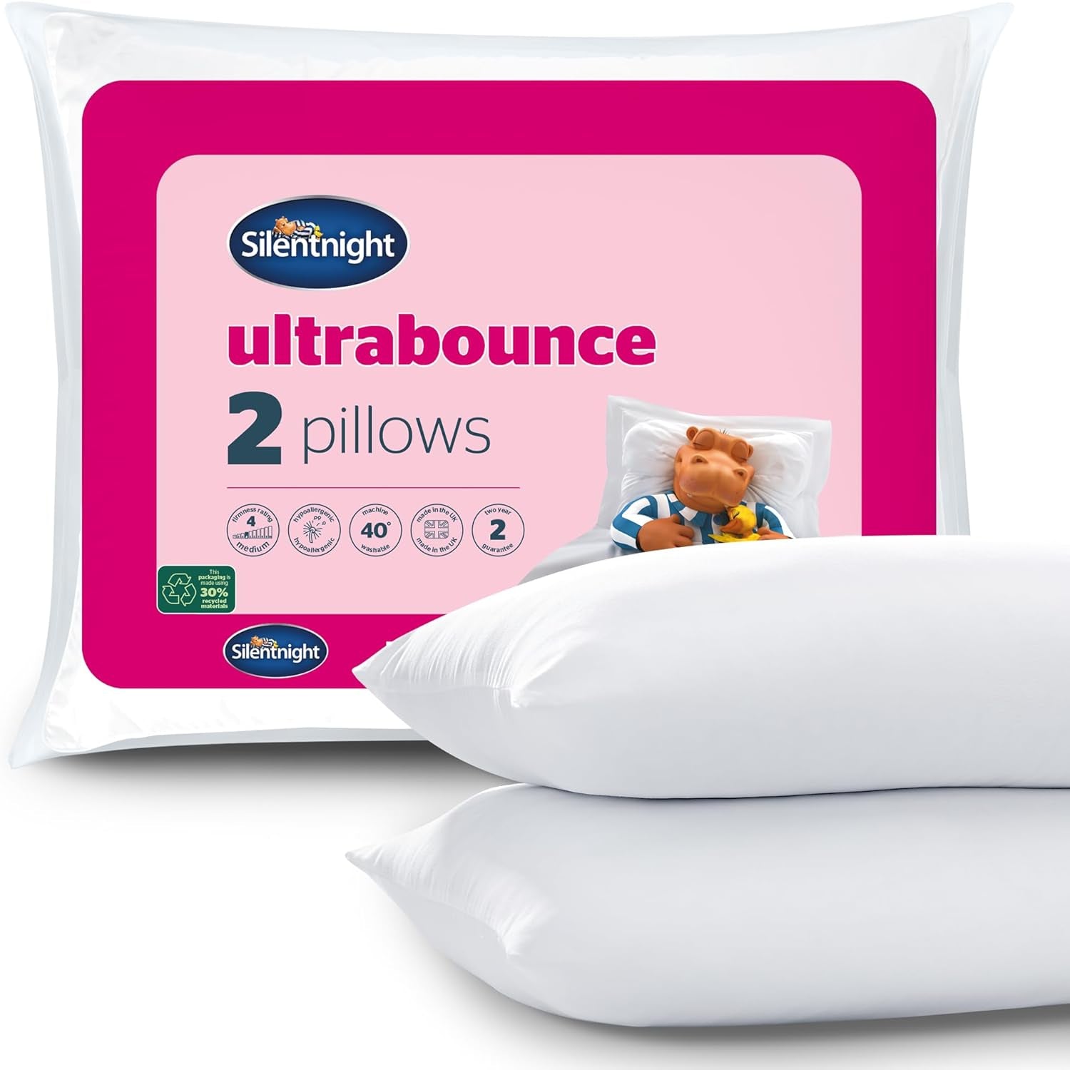 Cuscino Silentnight Ultrabounce, Bianco, Microfibra, Bianco, Confezione da 2 Cuscini Naty Shop Standard Confezione da 2