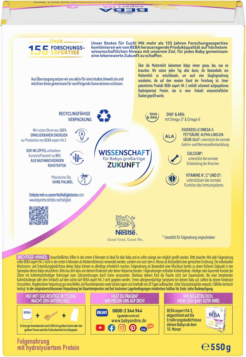BEBA Expert HA 2 Latte di proseguimento dopo 6 mesi, omogeneizzato con proteine ​​idrolizzate, solo lattosio, senza olio di palma, confezione da 6 (6 x 550 g) Naty Shop