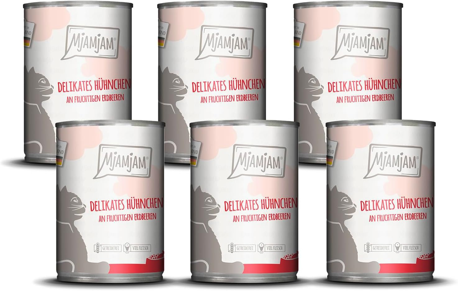 MjAMjAM - Cibo umido per gatti premium - pollo delicato con fragole fruttate 400 g, confezione da 6 (6 x 400 g), naturale con carne extra