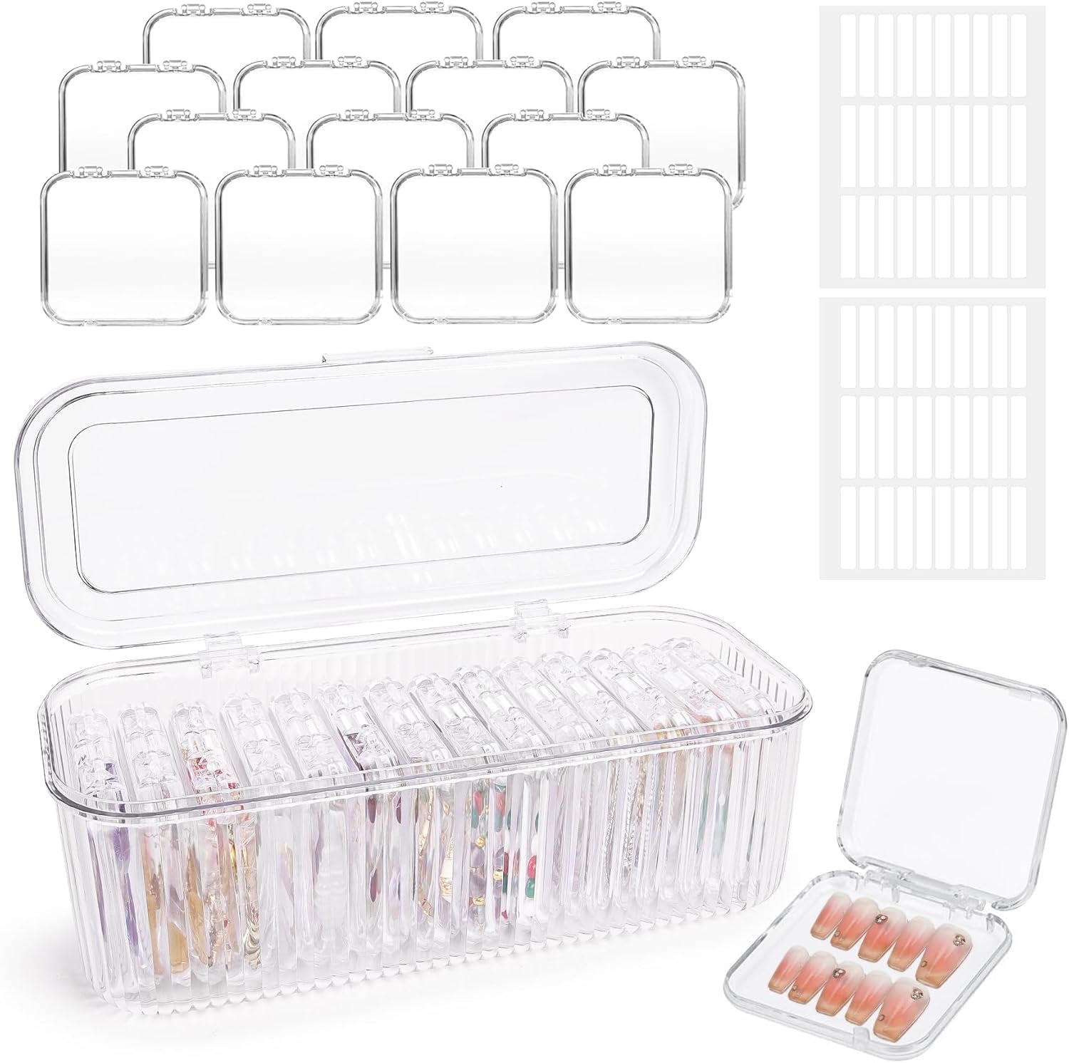 INMORVEN Set di scatole per unghie - 14 scatole trasparenti per unghie + 1 scatola grande e 60 dischi adesivi - Ideale per conservare unghie finte, accessori per unghie in gel e smalto (14 pezzi in uno strato)