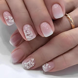 24 pezzi Quadrati bianchi Colla su unghie corte Motivo floreale sfumato rosa Stampa sulle unghie Unghie artificiali Arte delle unghie finte Unghie quadrate francesi Unghie artificiali per le donne