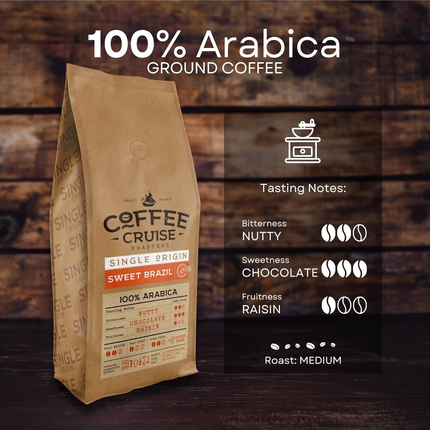 COFFEE CRUISE Sweet Brazil Brasilianische Kaffeebohnen 1kg - Mittlere Röstung - Aroma Kakao und Schokolade - Für All Kaffeemaschinen - 100% Arabica