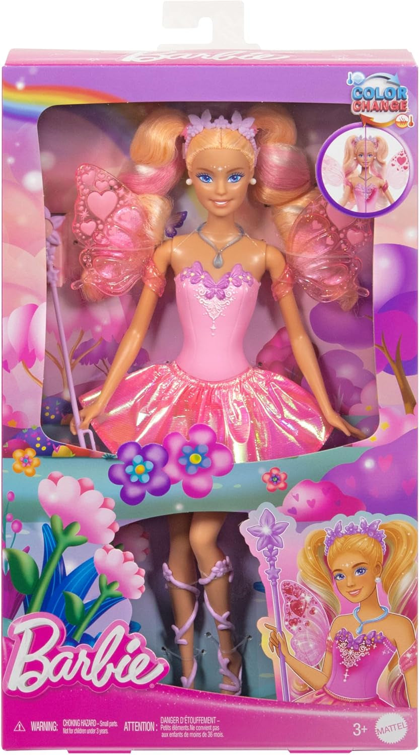 Mattel Barbie Fata con bacchetta giocattolo e accessori moda, tema fantastico con ali e vestito che cambia colore, JCP76, [Multicolore] Naty Shop Dolls
