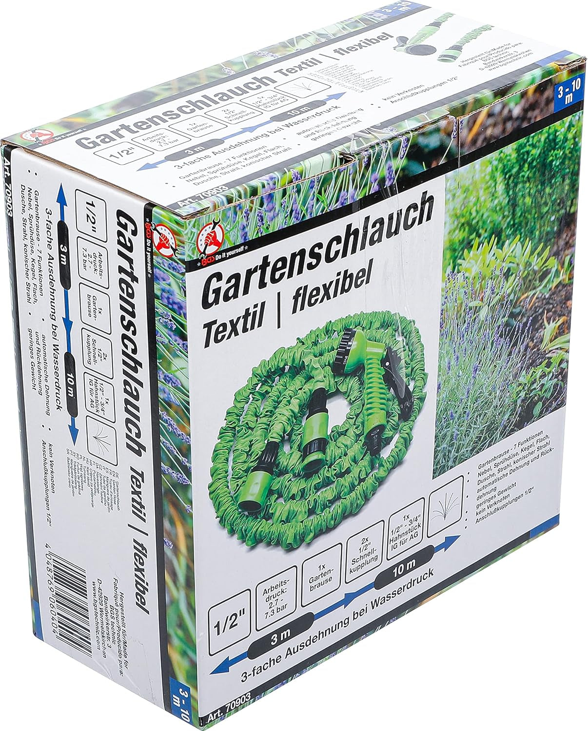 BGS fai da te 70903 | Tubo dell'acqua | Tessile | Flessibile | con doccia da giardino a 7 funzioni | 3-10 minuti