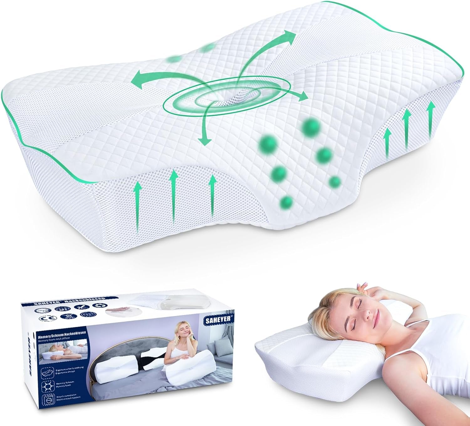 SAHEYER Cuscino ortopedico Cuscino di supporto per il collo Cuscino per la testa Cuscino ergonomico per il collo Cuscino per chi dorme sul fianco 60 X 40 X 13/11 cm Cuscino in memory foam per chi dorme sul fianco Stomaco posteriore Cuscini cervicali ortopedici Naty Shop Bianco perla