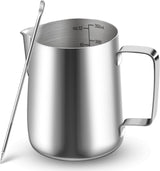 Tazza da latte, Tazza da latte in acciaio inossidabile da 350 ml con segno di misurazione, Accessorio Barista, Tazza da latte per cappuccino, Espresso, Latte Art, Amanti del caffè, Argento, 355 ml