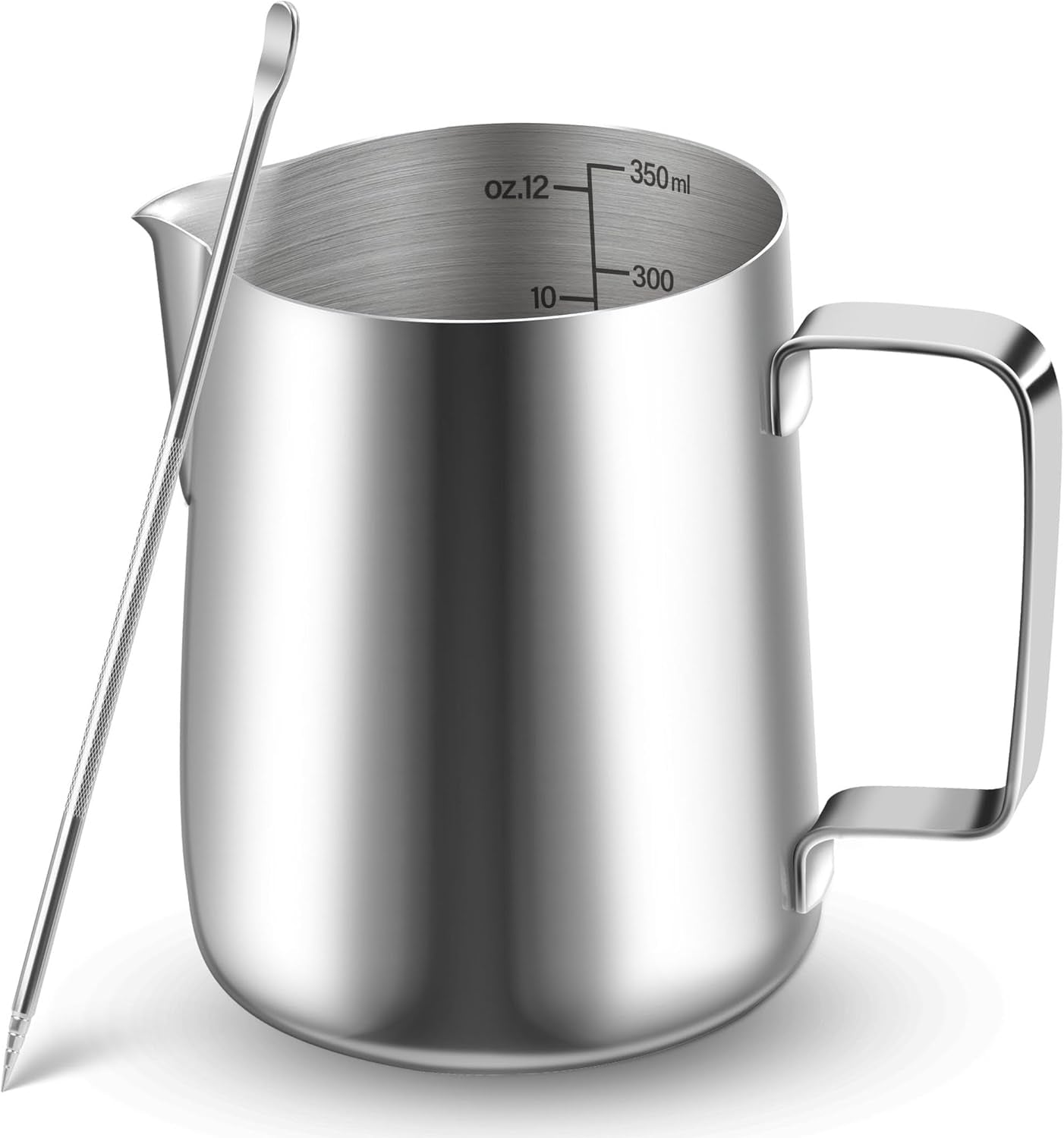 Tazza da latte, Tazza da latte in acciaio inossidabile da 350 ml con segno di misurazione, Accessorio Barista, Tazza da latte per cappuccino, Espresso, Latte Art, Amanti del caffè, Argento, 355 ml