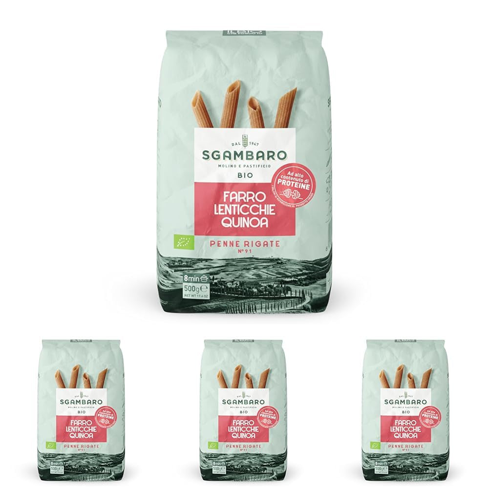 Penne Rigate Biologiche N.91 - 500g con farina di farro, farina di lenticchie e farina di quinoa - Ricche di proteine, fonte di fibre e proteine