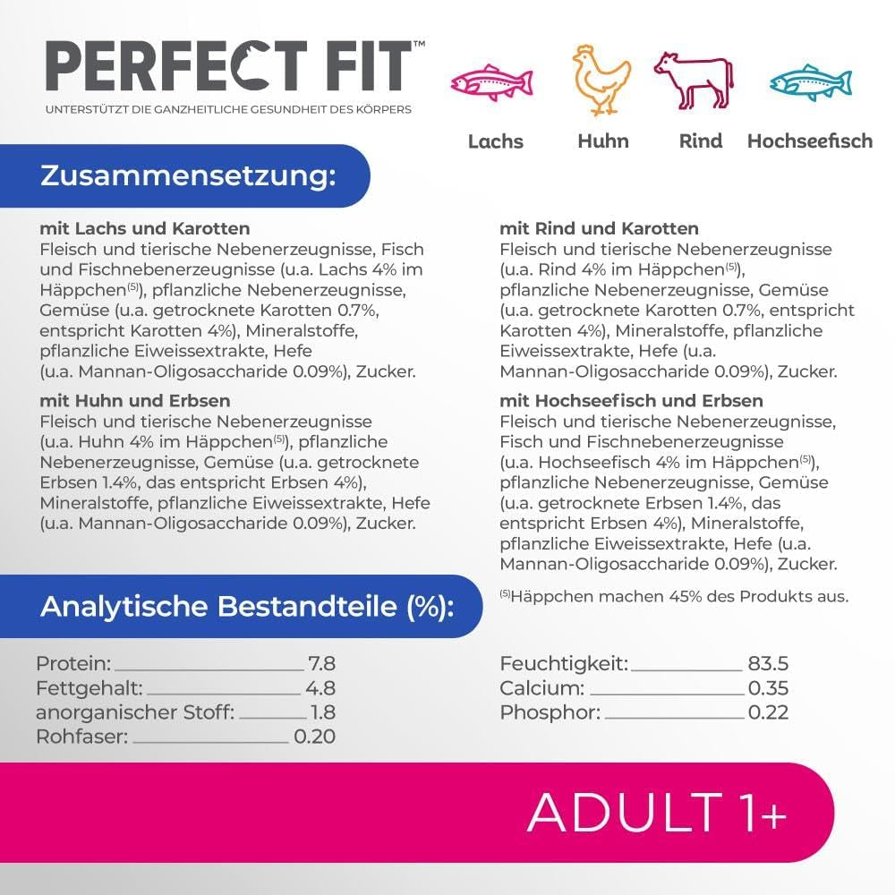 Selezione di cibo umido Perfect Fit Adult 1+ con salmone, pesce di acque profonde, manzo e pollo, 48 bustine, 12x85 g (confezione da 4) - Cibo umido premium per gatti adulti a partire da 1 anno di età