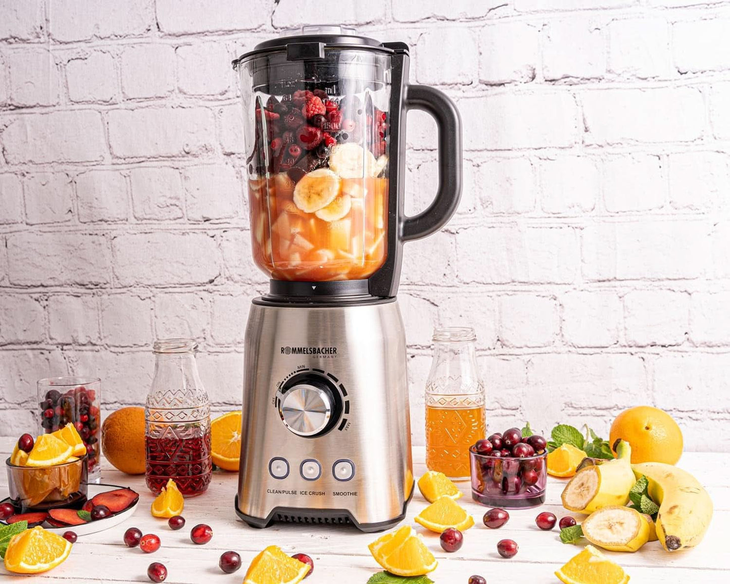 ROMMELSBACHER Robot da cucina MX 1250-22.000 U/Min, Stufenlose Drehzahlregulierung, Funktionsstasten (Smoothie, Clean/Pulse, Ice Crush), Glaskrug, Edelstahlgehäuse, Spezialmesser, 1200 Watt Kitchen Naty Shop