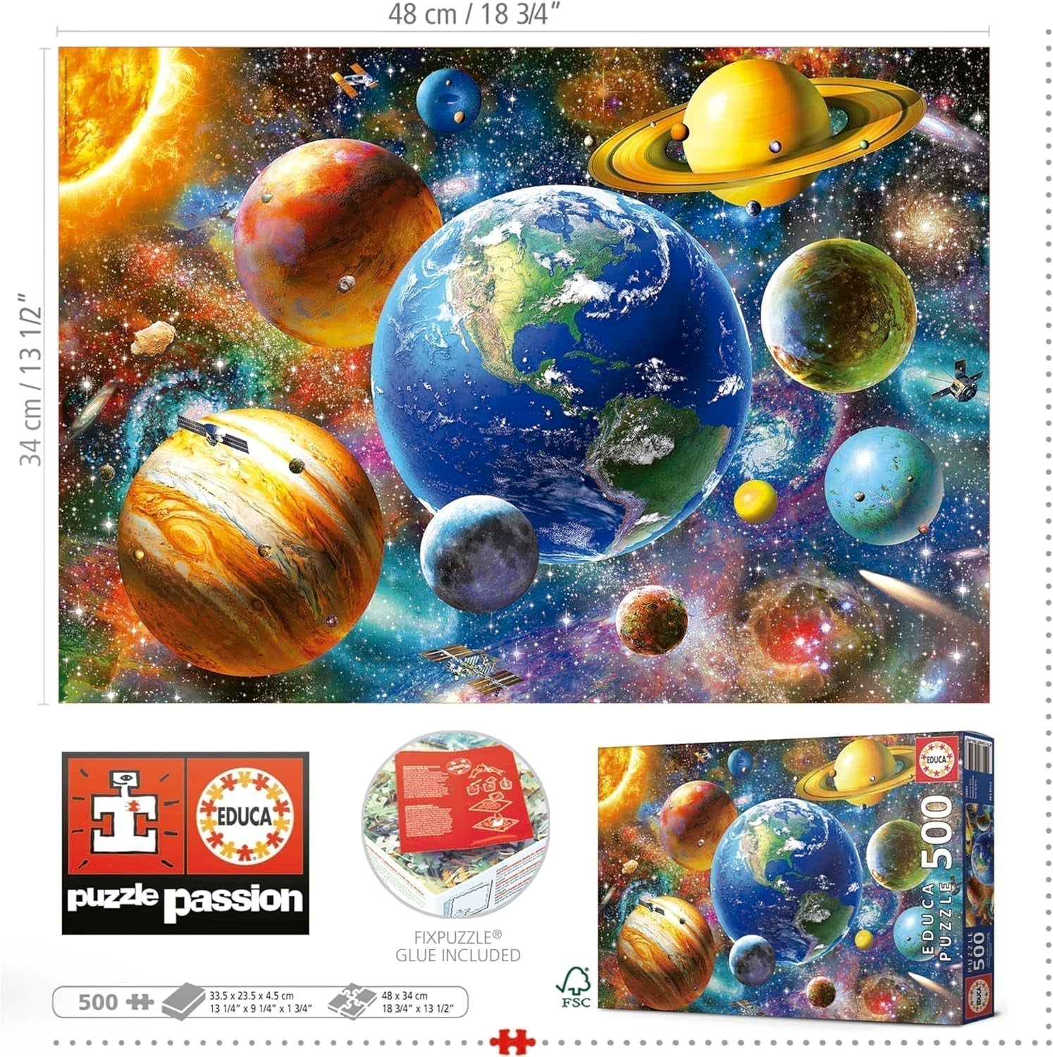 Educa - Puzzle 500 pezzi per adulti | Sistema solare, puzzle 500 pezzi per adulti e bambini da 11 anni, pianeti, spazio, spazio (18449) Puzzle Naty Shop