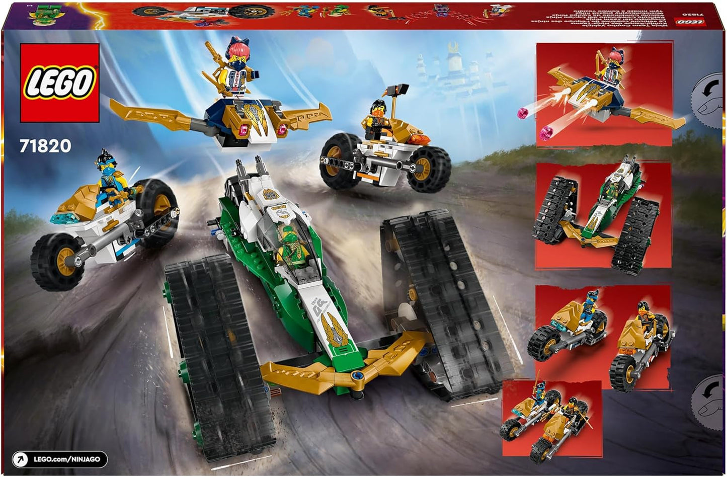 LEGO NINJAGO Ninja Team Combi Caterpillar 4 in 1 Set con aliante, auto da corsa e 2 motociclette e 6 minifigure Regalo per ragazzi e ragazze Giocattolo Ninja 71820 Set da costruzione Besuche den LEGO-Store