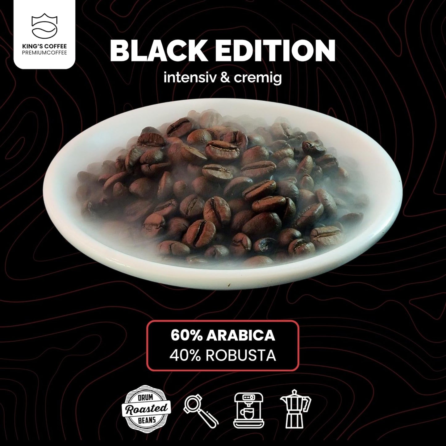 KING'S COFFEE - BLACK EDITION - Caffè in grani dalla crema intensa da 1 kg - Caffè a bassa acidità - Tostatura in piccoli lotti dall'Italia - Grani di caffè espresso Arabica forte (miscela) per macchine completamente automatiche e portafiltro