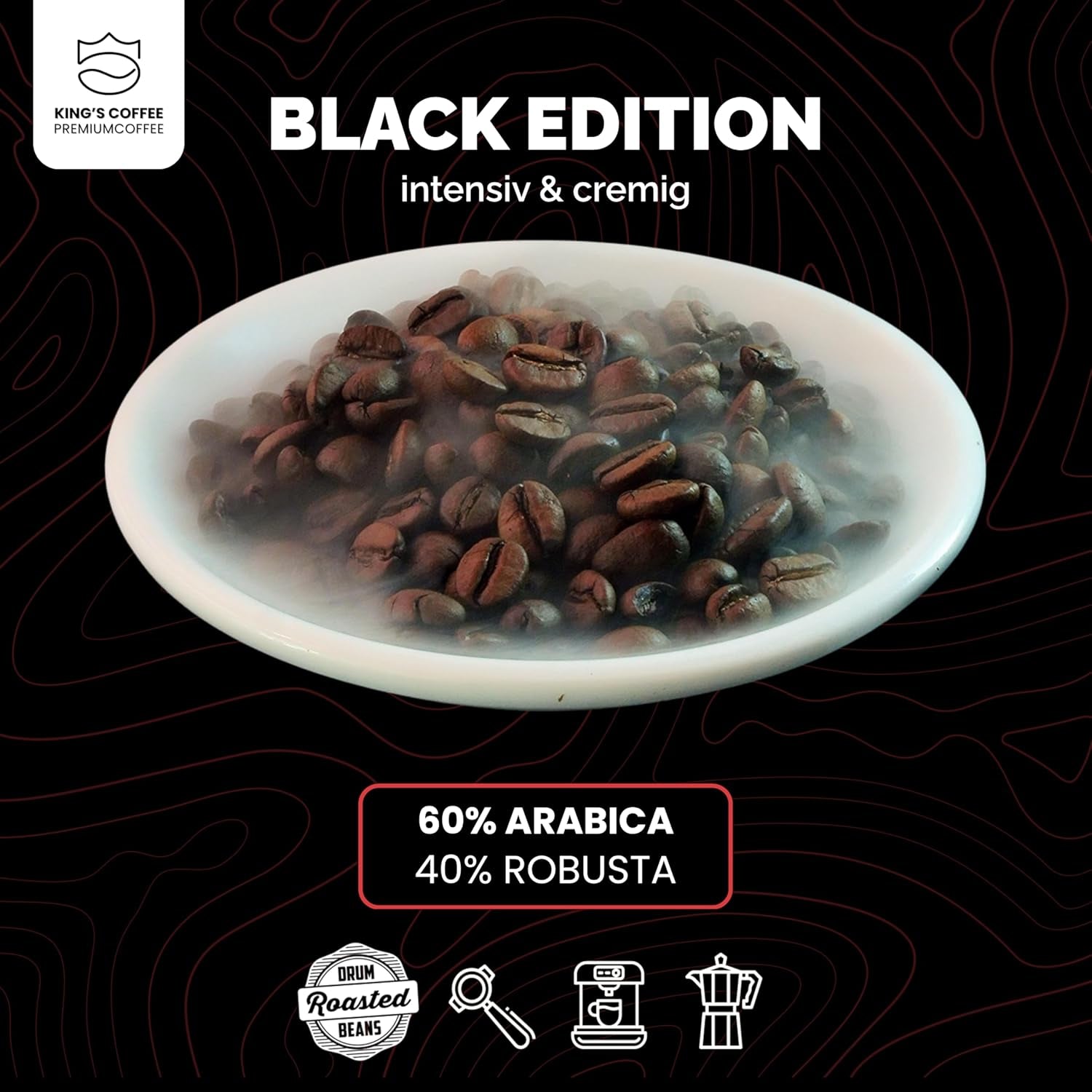 KING'S COFFEE - BLACK EDITION - Caffè in grani dalla crema intensa da 1 kg - Caffè a bassa acidità - Tostatura in piccoli lotti dall'Italia - Grani di caffè espresso Arabica forte (miscela) per macchine completamente automatiche e portafiltro