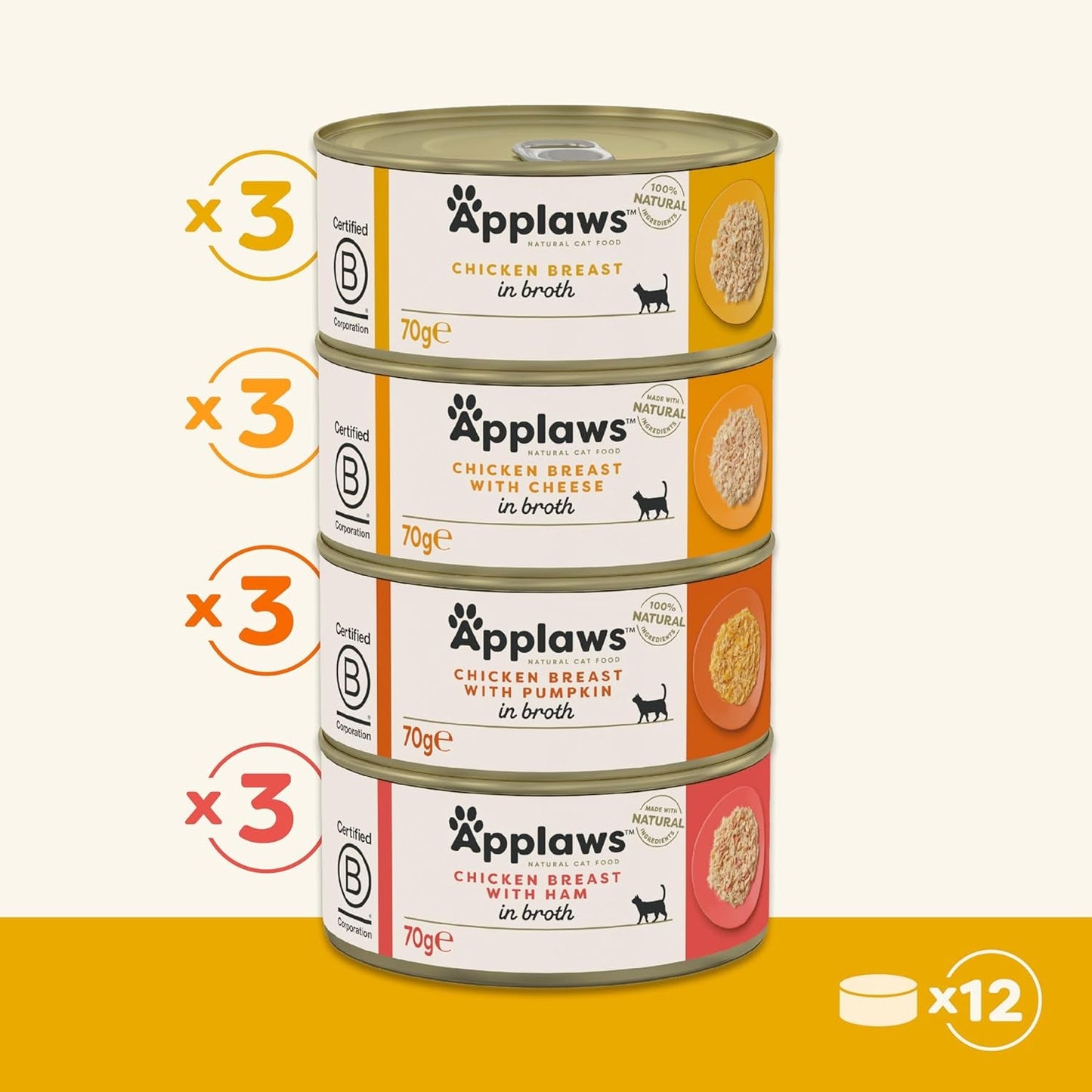 Applaws Selezione di brodo di pollo umido per gatti premium naturale al 100% per gatti adulti - Confezione da 4 scatole (12 x 70 g)