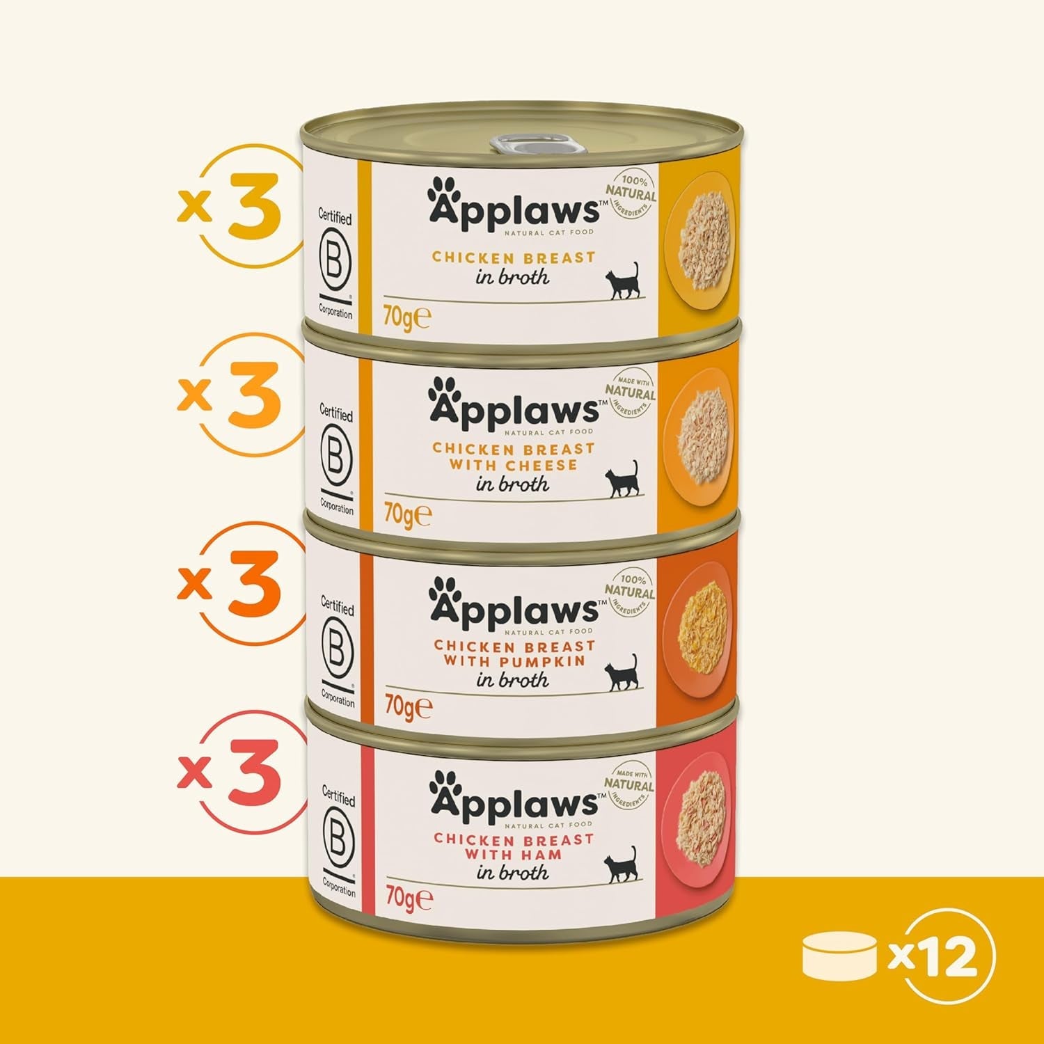 Applaws Selezione di brodo di pollo umido per gatti premium naturale al 100% per gatti adulti - Confezione da 4 scatole (12 x 70 g)