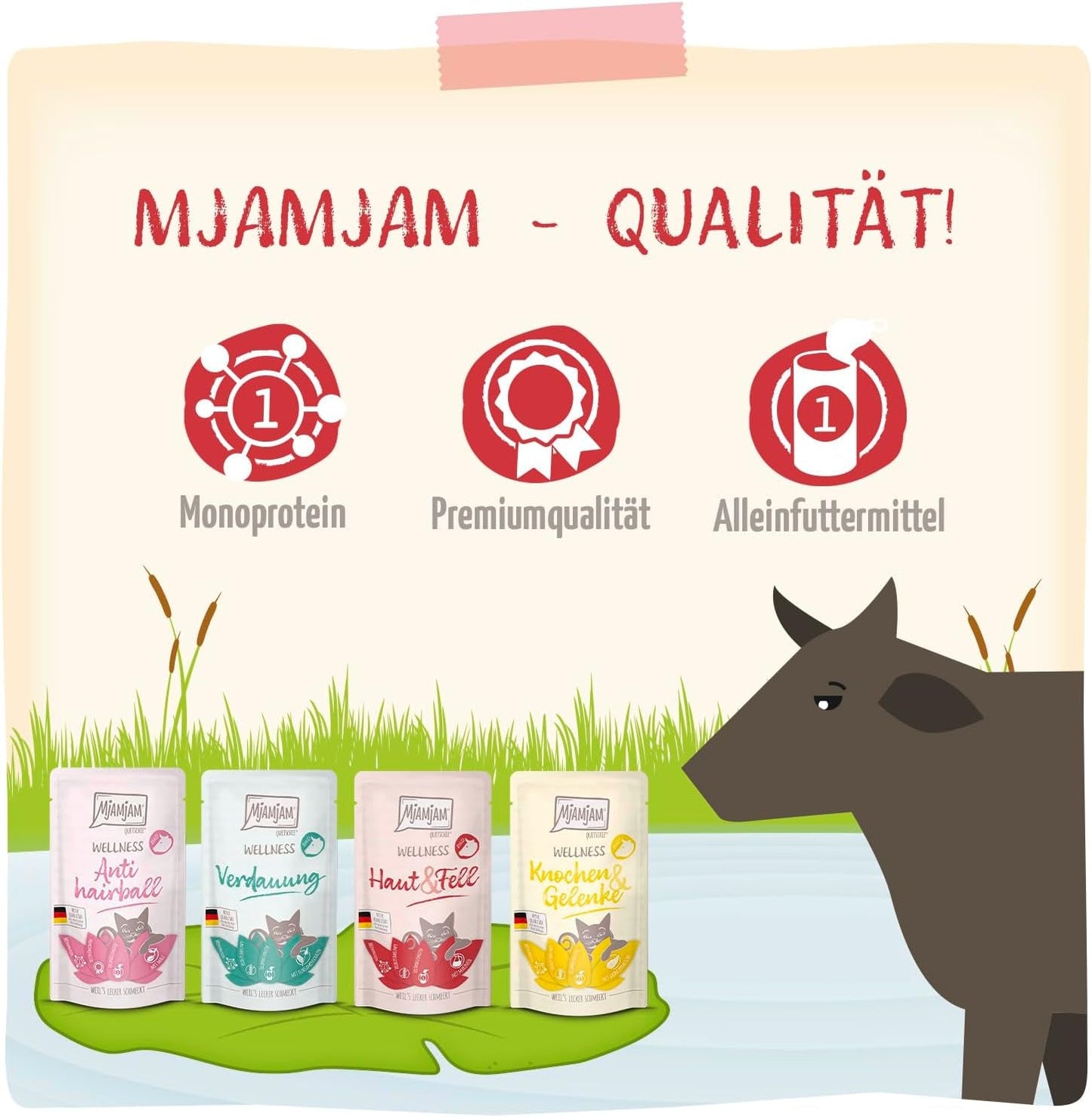 MjAMjAM - Cibo umido premium per gatti - Pacchetto benessere Manzo, confezione da 12 (12 x 125 g), senza cereali con carne extra
