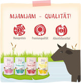 MjAMjAM - Cibo umido premium per gatti - Pacchetto benessere Manzo, confezione da 12 (12 x 125 g), senza cereali con carne extra
