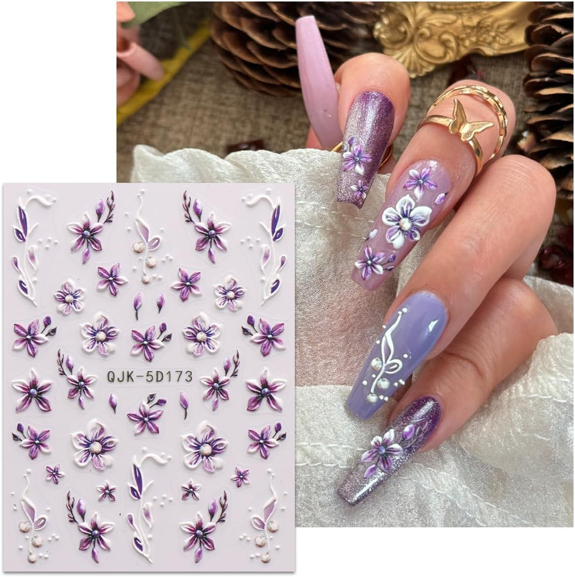JMEOWIO 3D Nagelsticker Blumen Nail Art Sticker Selbstklebend Nagelaufkleber 5D Stereoscopico Frühling Sommer Dekoration Nageldesign Zubehör 4 Blatt