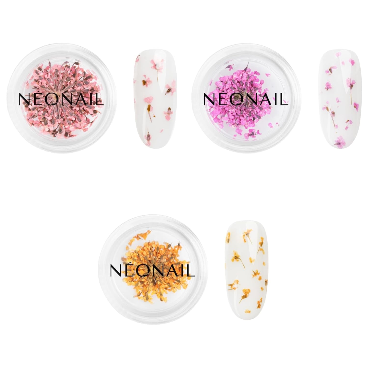 NÉONAIL Nail Art Flowers Set - Trockenblumen - Getrocknete Blumen - Nageldesign Zubehör - Nageldekorationen - Getrocknete Blüten - Decorazione per unghie - Gelnägel Zubehör - 3 Farben - Rosa, Lila, Arancione