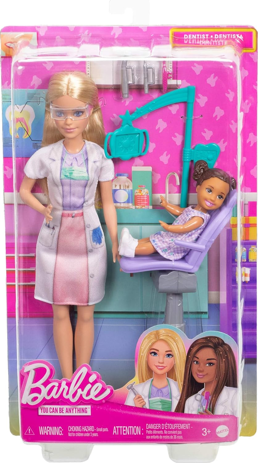 Barbie Dentista, Bambola alla moda con capelli biondi, vestito blu e camice da laboratorio, 1 bambola per bambini, accessori per esami e accessori assortiti, JCR74