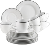 Mäser Nola Serie Moderno Servizio da caffè per 6 persone Bianco con Bordo Nero Set di Stoviglie da 18 Pezzi Tazze da caffè Piattini e Piatti da Dessert - Servizio da caffè Rotondo Set da caffè Bianco