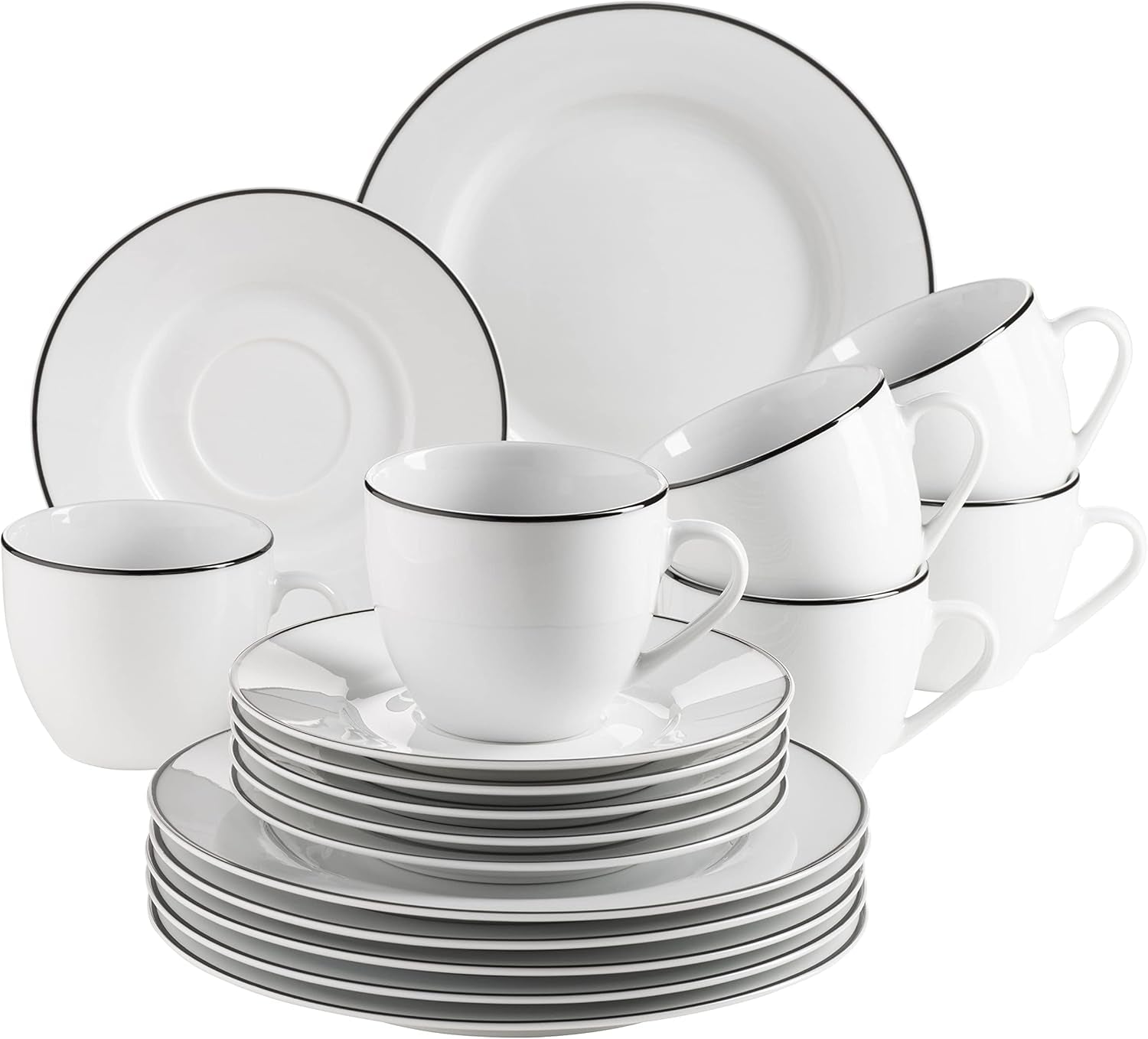 Mäser Nola Serie Moderno Servizio da caffè per 6 persone Bianco con Bordo Nero Set di Stoviglie da 18 Pezzi Tazze da caffè Piattini e Piatti da Dessert - Servizio da caffè Rotondo Set da caffè Bianco