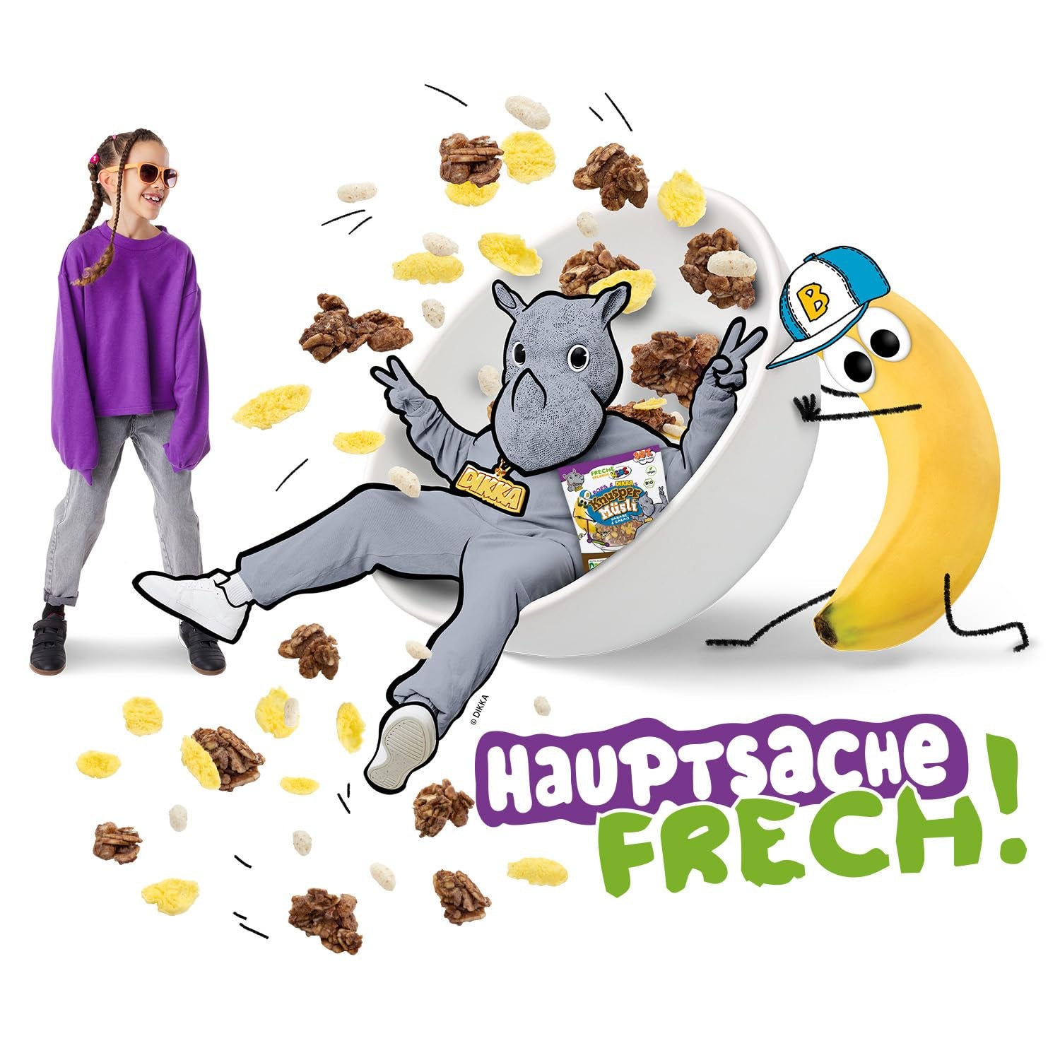 FRECHE FREUNDE KIDS, Bobs & DIKKAs Muesli Croccante Alla Banana E Cacao, Muesli Croccante Al Cioccolato Per Bambini, A Basso Contenuto Di Zuccheri, Senza Additivi, 100% Vegano, 6 Pezzi (6 x 280g)