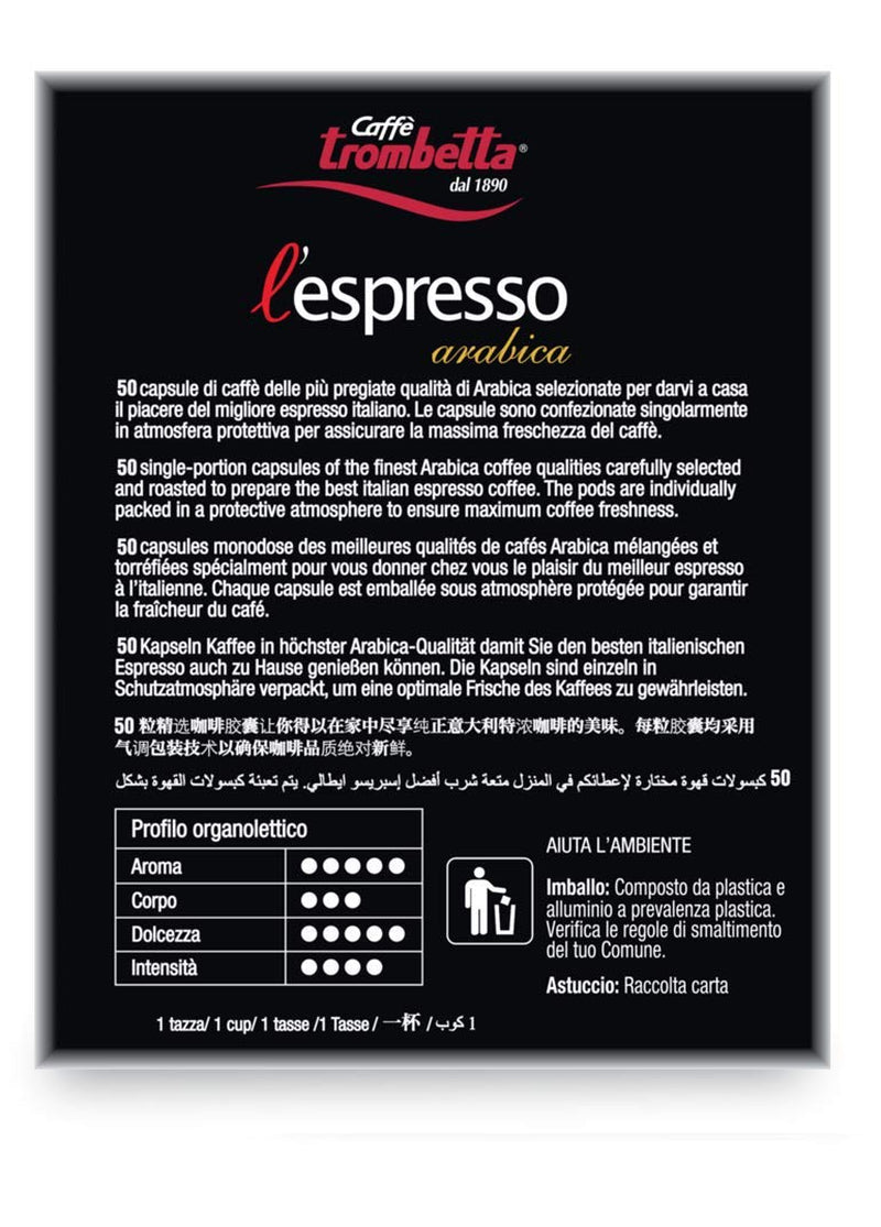 Caffè TROMBETTA L'Espresso, Italien Kaffee Nespresso compatibile Kapseln. Aus 100% Arabica mit einem vollmundigen und körperreichen - 50 Kapseln, 50 Stück (1er Pack)