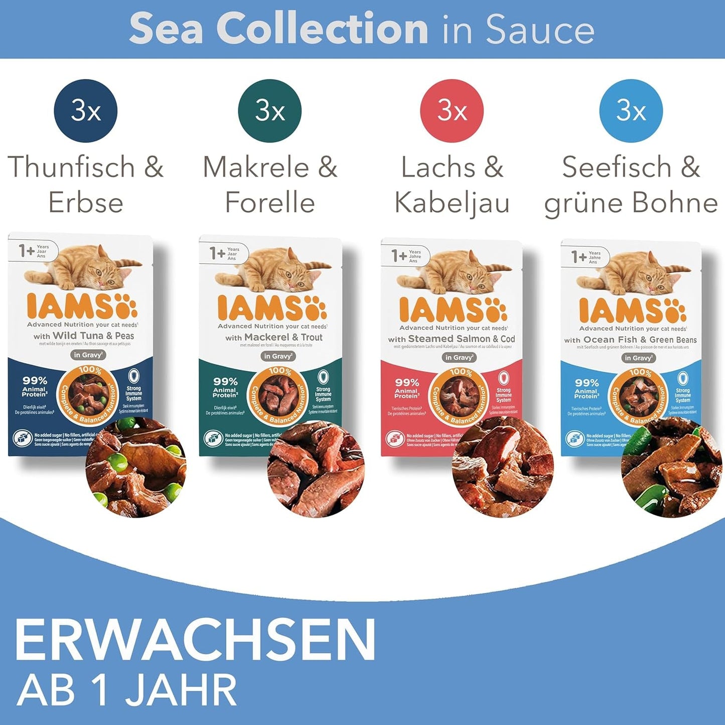 IAMS Delights Sea Collection Katzenfutter Nass - Confezione multipla con varietà di pesce (Lachs, Thunfisch, Mackerel, Seefisch) in salsa, Nassfutter für Katzen da 1 anno, 12 x 85g