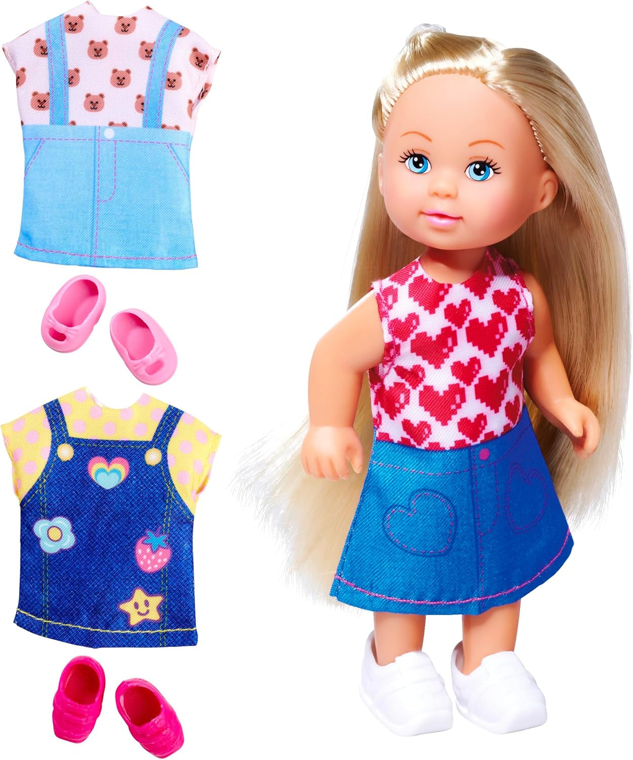 Simba Evi Love, bambola alla moda che indossa un grazioso vestito di jeans, inclusi altri due abiti con adorabili stampe e scarpe da ginnastica, 12 cm, dai 3 anni in su