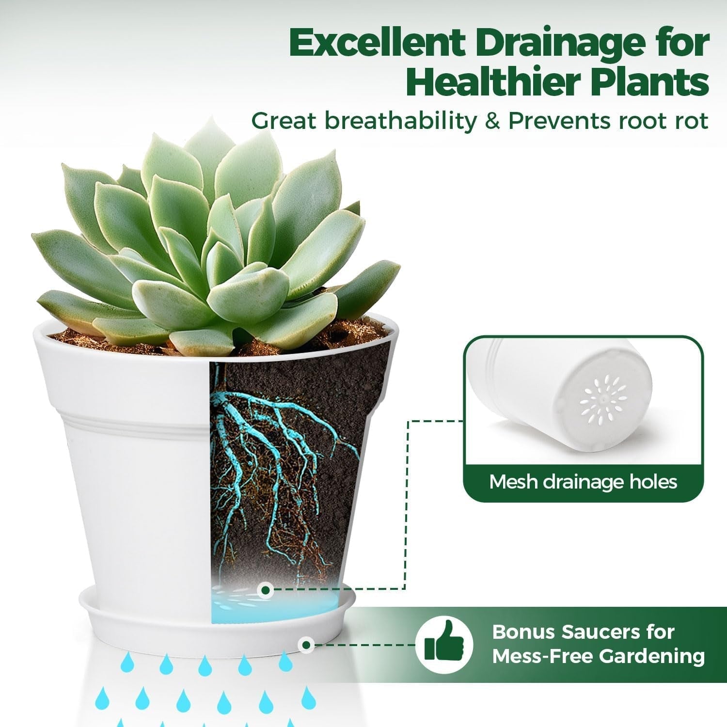T4U Vaso da Fiori in Plastica con Sottovaso da 16 cm, Set di 6 Vasi per Erbe in Plastica con Fori di Drenaggio Multipli, Vaso Rotondo per Piante Succulente da Interno e da Balcone, Cactus, Bianco