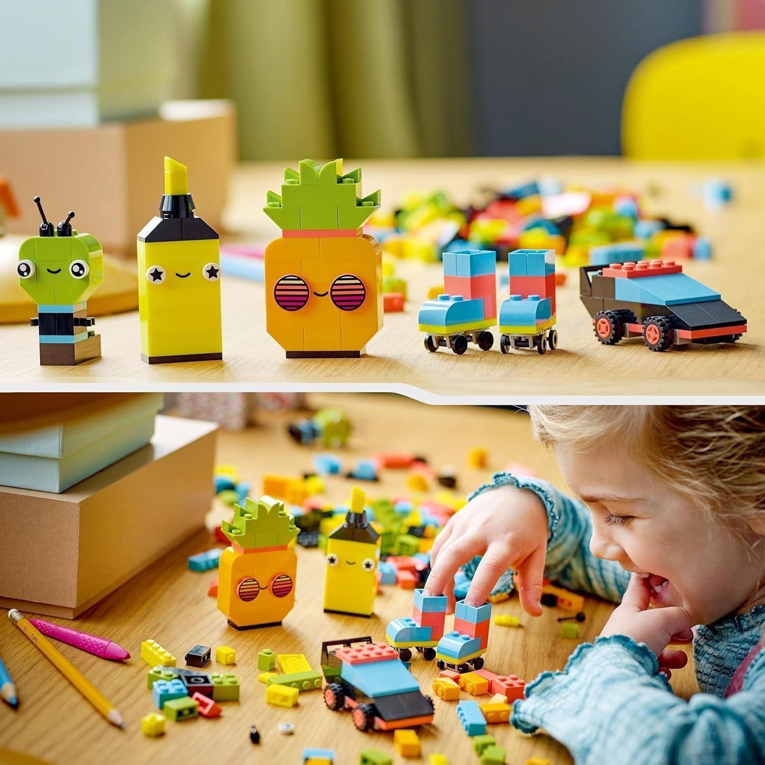 LEGO 11027 Classic Neon Creative Building Set, Brick Box Set, Giocattolo da costruzione con modelli: macchina, ananas, alieno, pattini a rotelle, personaggi e altro, per bambini dai 5 anni in su Set da costruzione Besuche den LEGO-Store