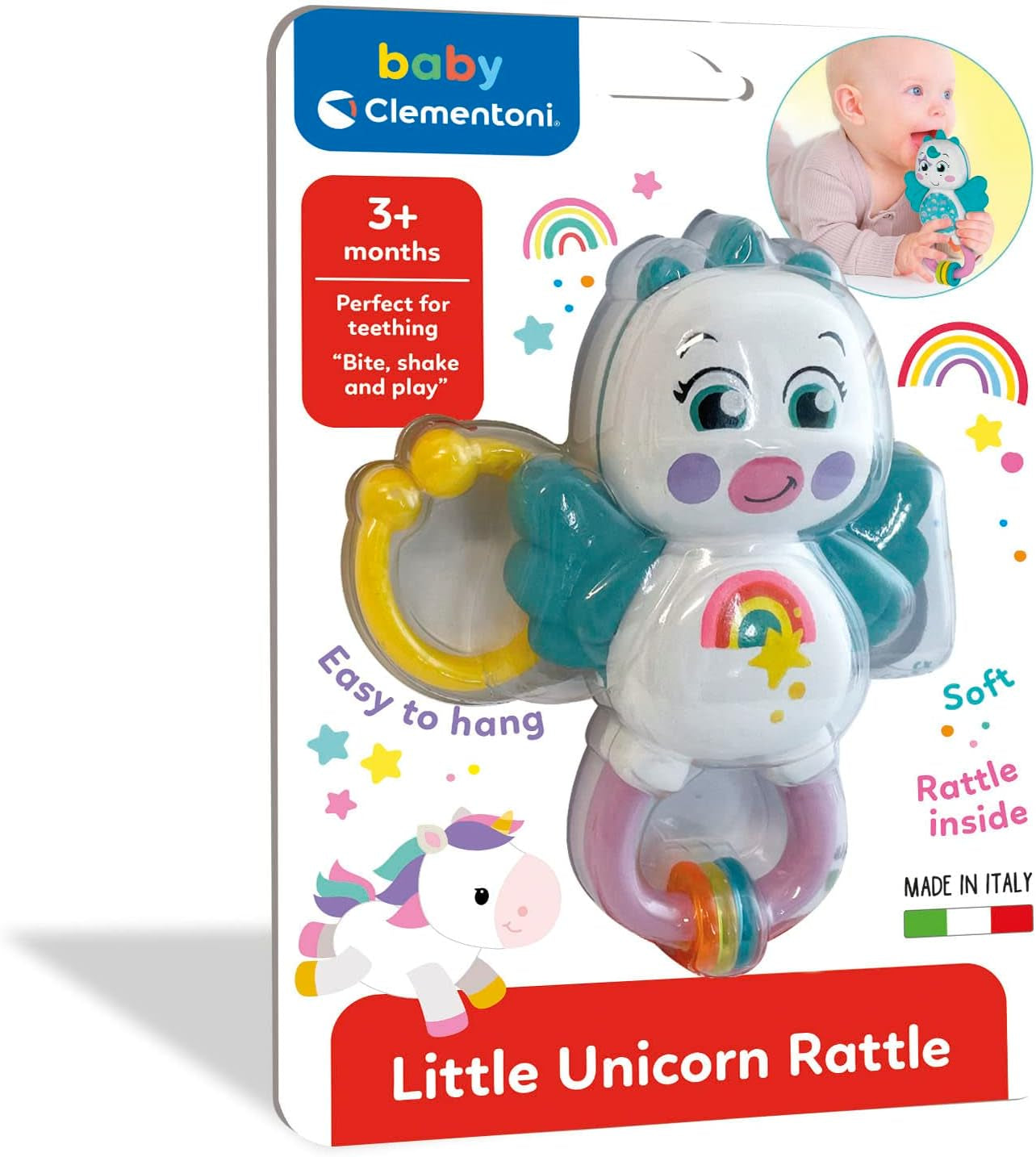 Clementoni 17778 - Sonaglio Unicorno - Sonaglio Neonato Con Massaggiagengive, Giocattolo Bambini 3 Mesi, Rafforza Le Capacità Motorie E Sensoriali - Made in Italy Jucarii Bebe Naty Shop