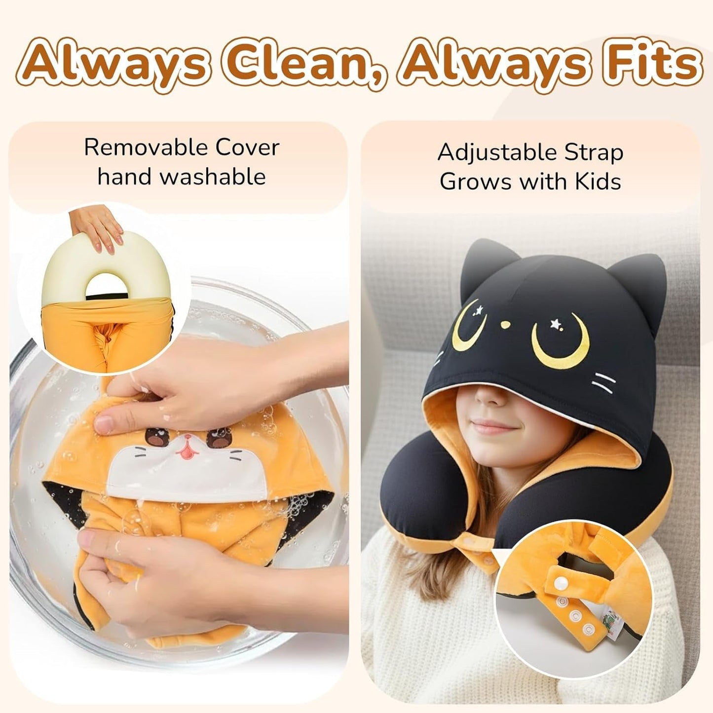 Cuscino da viaggio Mewaii, Cuscino bifacciale per adulti, Cuscino per collo in memory foam per aereo, Cuscino da volo reversibile con cappuccio per gatti, Cinghia regolabile