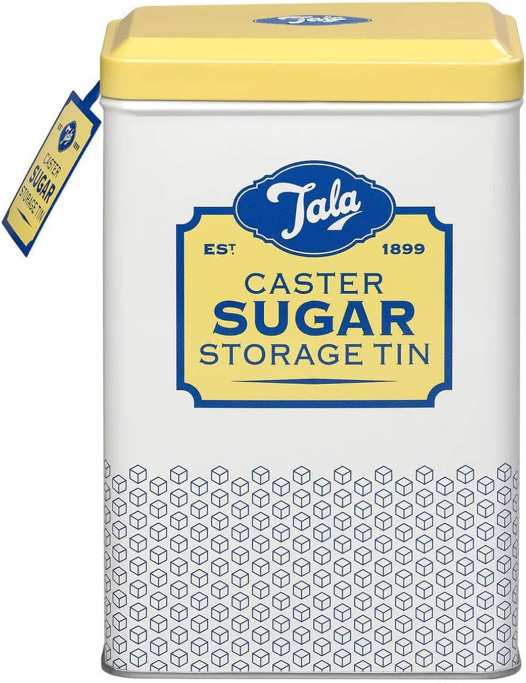 La scatola portaoggetti in metallo dal design retrò Tala Originals in giallo e crema può contenere un intero sacchetto di zucchero a velo