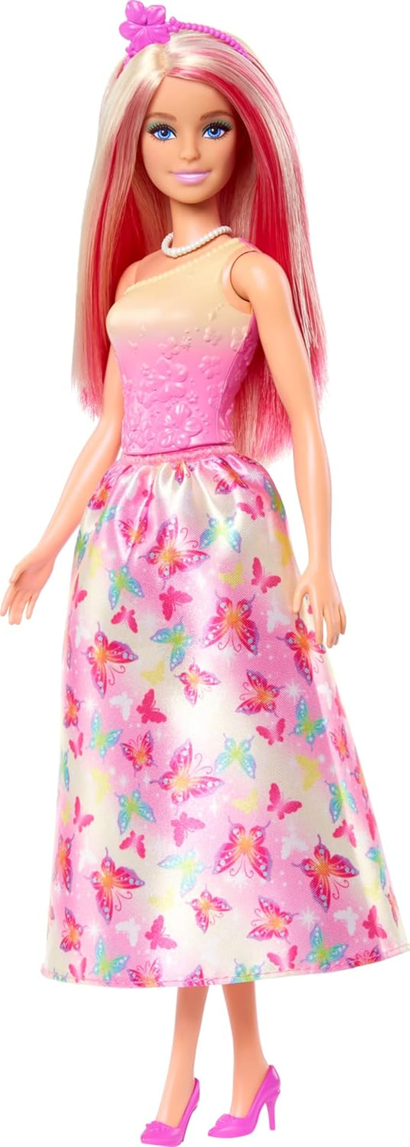 Barbie Reale con Capelli Biondi e Rosa, Accessori Colorati, Top Rosa Sfumato e Gonna a Farfalla, HRR08 Naty Shop Dolls