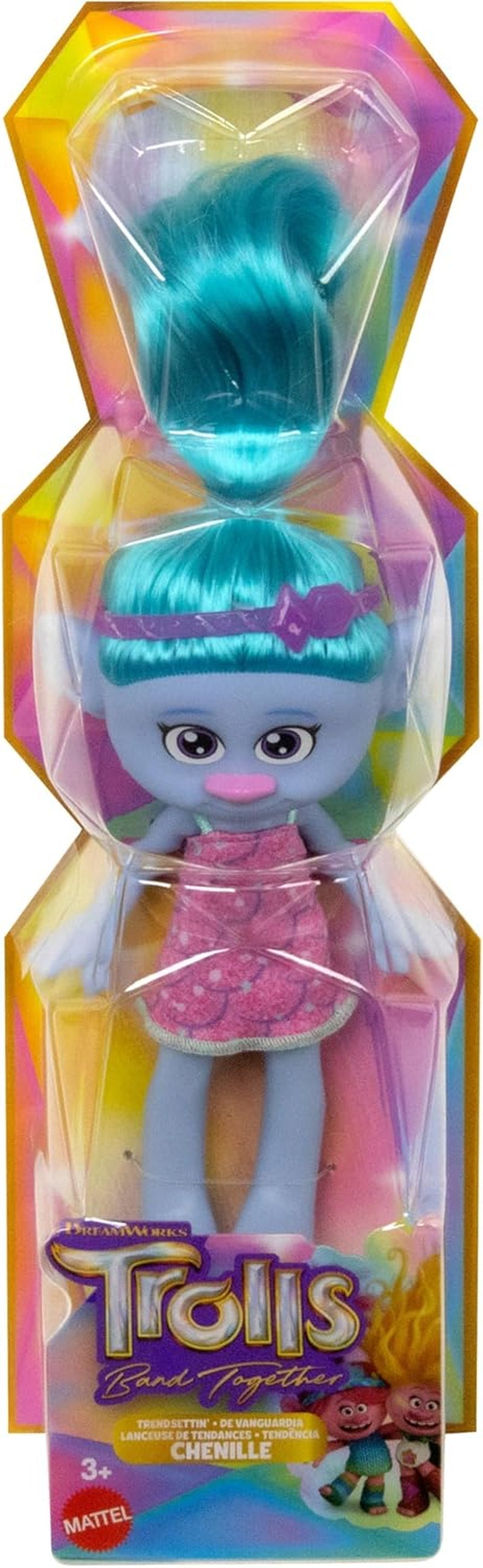 Mattel DREAMWORKS TROLLS United We Stand - Bambola pelosa a sorpresa in ciniglia con capelli blu scintillanti, fascia viola, dai 3 anni in su, HNF15