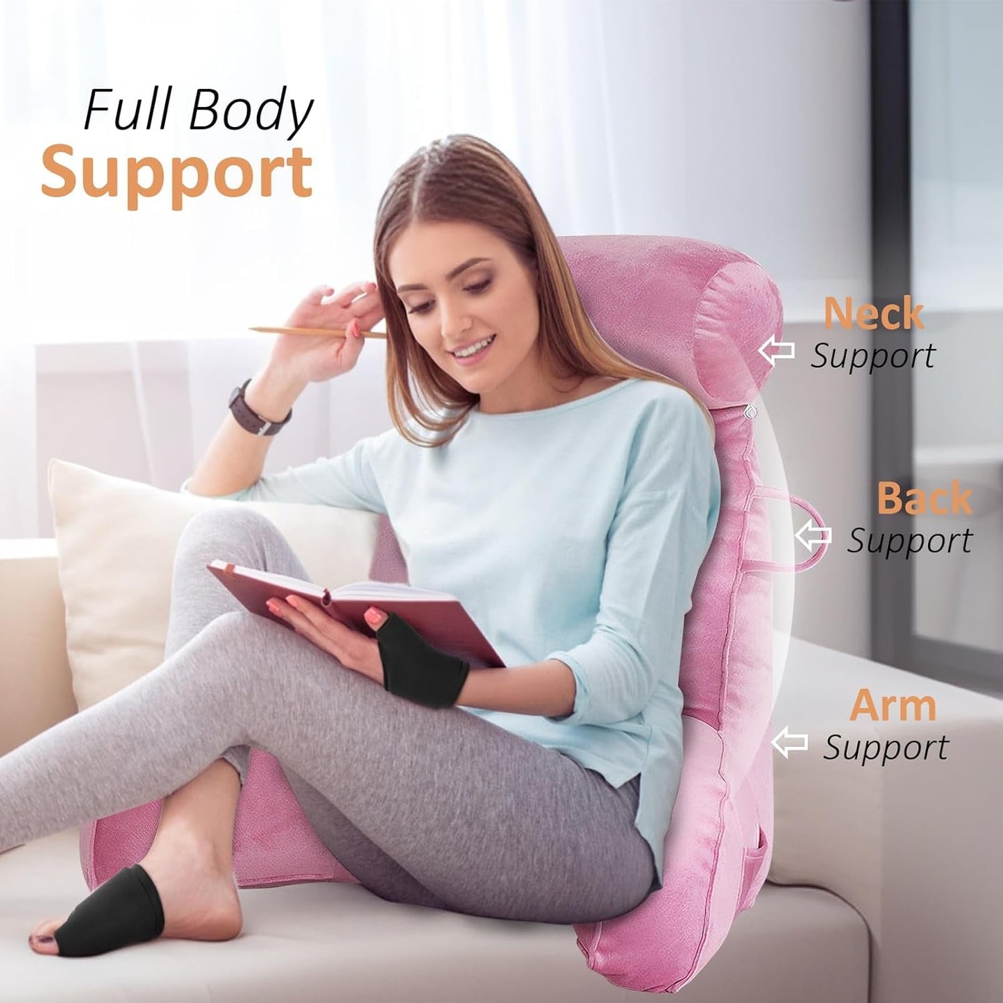 Cuscino da lettura XL per letto e divano con paranuca staccabile, cuscino per la schiena ideale per adulti con memory foam per leggere, lavorare, giocare, guardare la TV, rilassarsi (rosa) confortevole