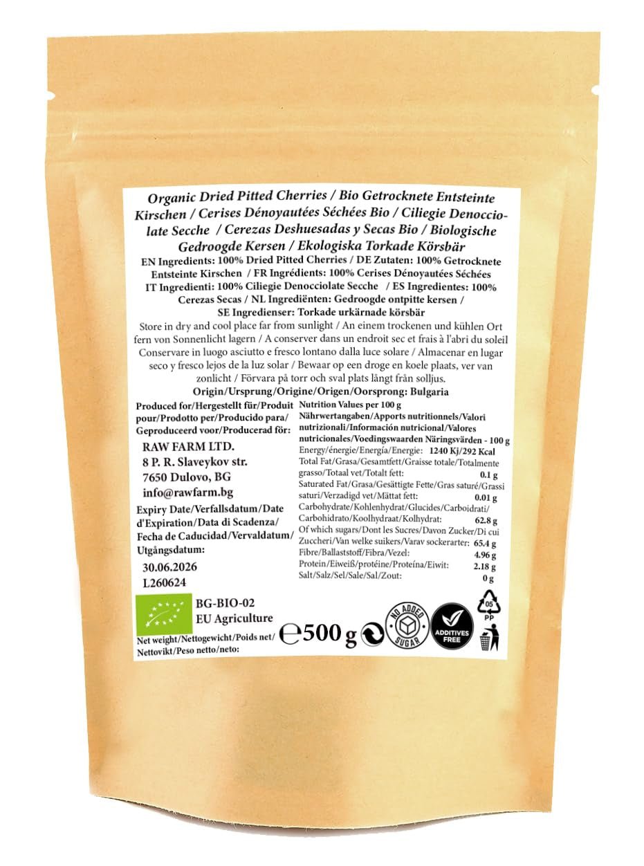 500 g di ciliegie biologiche essiccate, senza nocciolo, senza additivi, dolcificanti e conservanti Prodotti disidratati Naty Shop