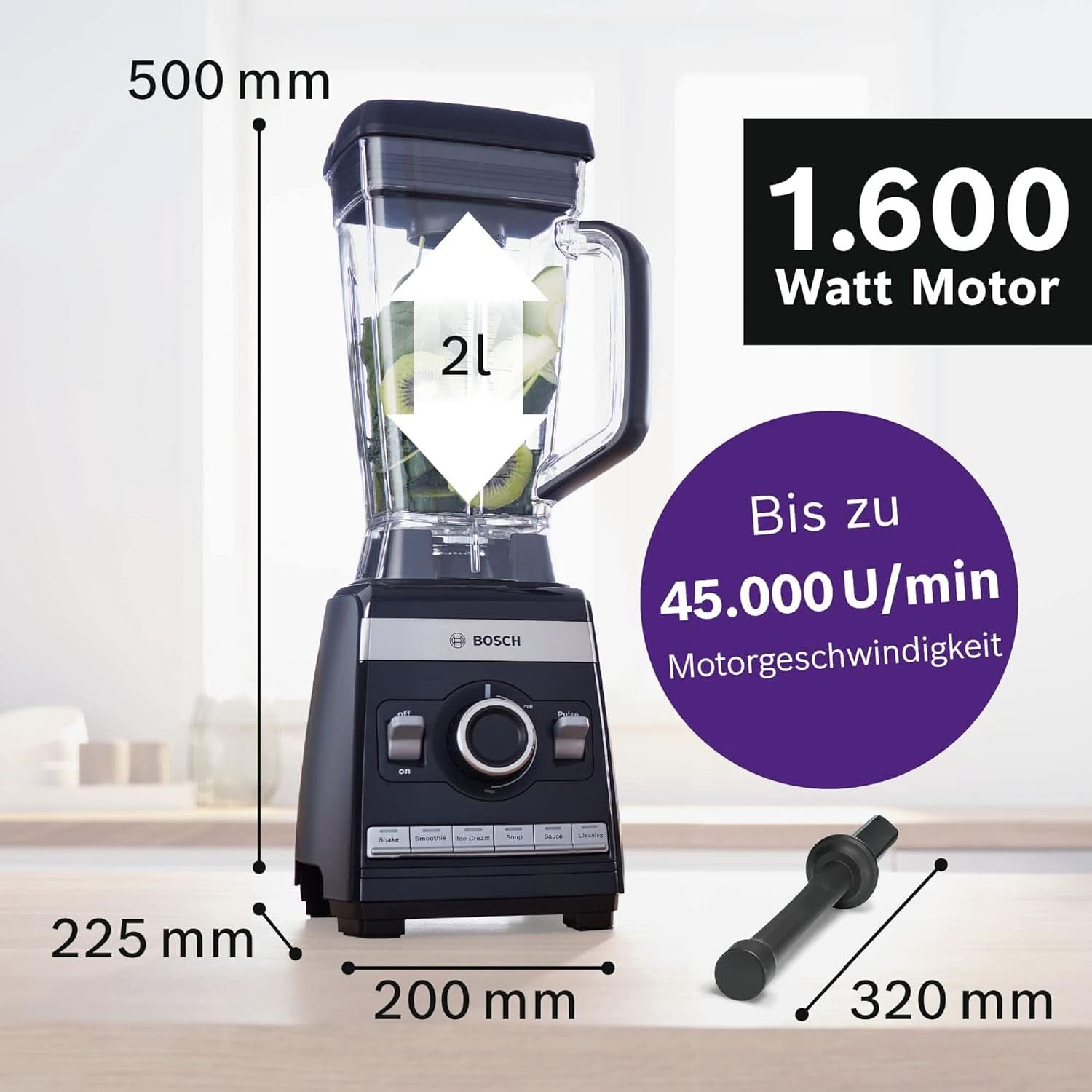 Robot da cucina Bosch Vitaboost MMBH6P6BDE, 6-Klingen-Edelstahlmesser, 2.5L Tritan-Mixbehälter, Stopfer, 6 Automatikprogramme, Rezeptbuch, Bpa-Frei, Einfache Reinigung, 45.000 U/Min, 1600 W, Schwarz Bucatarie Naty Shop