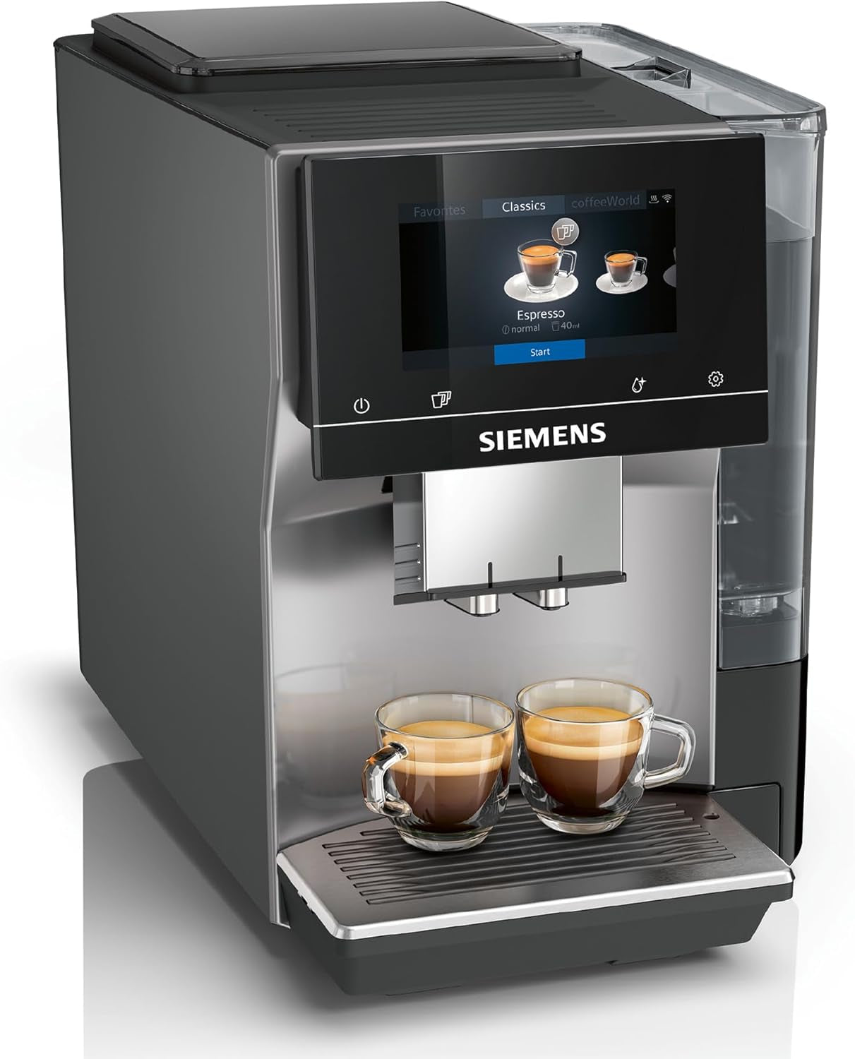 Macchina per caffè espresso automatica Siemens EQ700 classic TP715D01, controllo tramite app, cold brew, display touch intuitivo, fino a 10 creazioni di caffè individuali come preferite, pulizia automatica a vapore, 1500 W, grigio argento