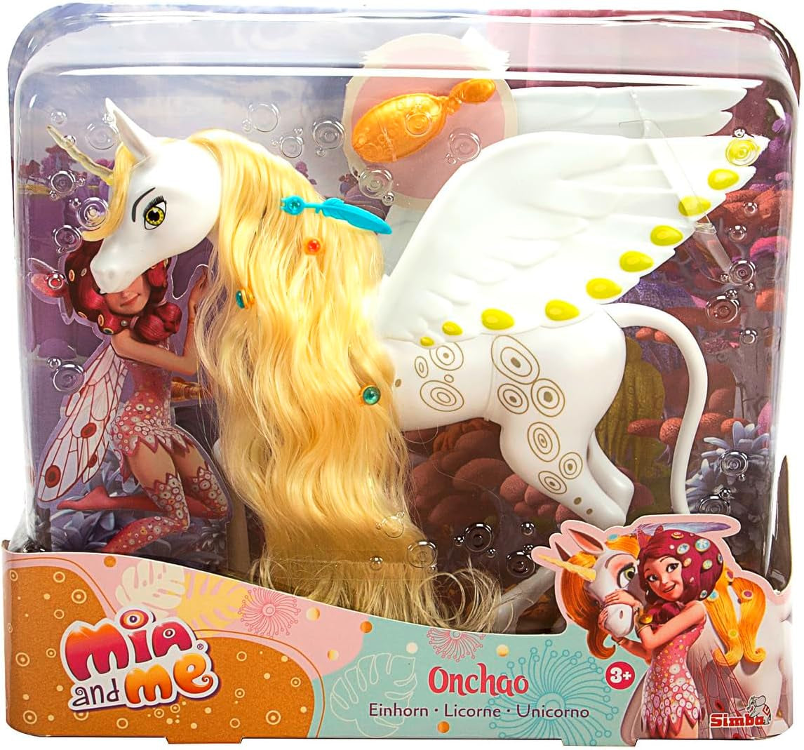 Simba 109480093 - Mia and Me Unicorno Onchao, con ali mobili, fermagli per capelli, spazzola per acconciature, cavallo giocattolo, pony, Centopia, dai 3 anni in su, rosa