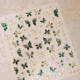 JMEOWIO 3D Nagelsticker Grün Gold Schmetterling Nail Art Sticker Self-klebend Nagelaufkleber 5D Stereoskopisch Dekoration Nageldesign Zubehör 1 Blatt