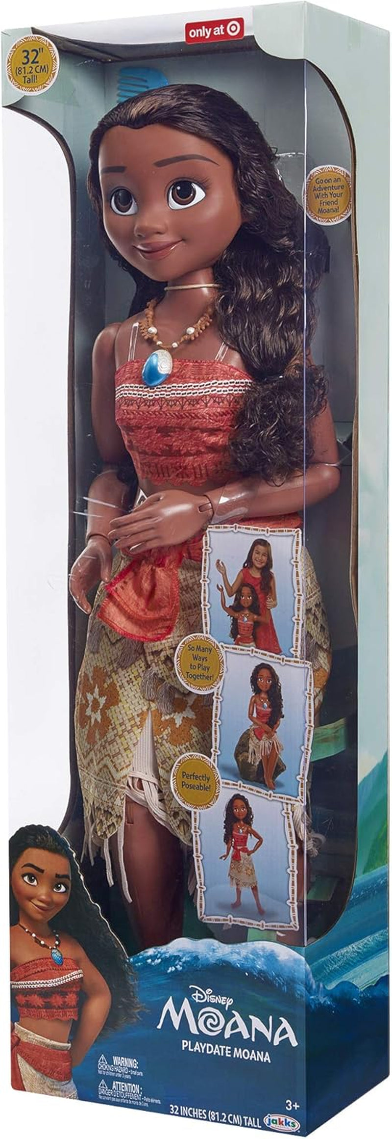 Disney Princess Vaiana, 80 cm große Spielpuppe von Jakks Pacific, bewegliche Puppe, mit Bürste zum Kämmen ihrer welligen Locken, vom Film ispirato Kleid, abnehmbare Halskette mit Anhänger