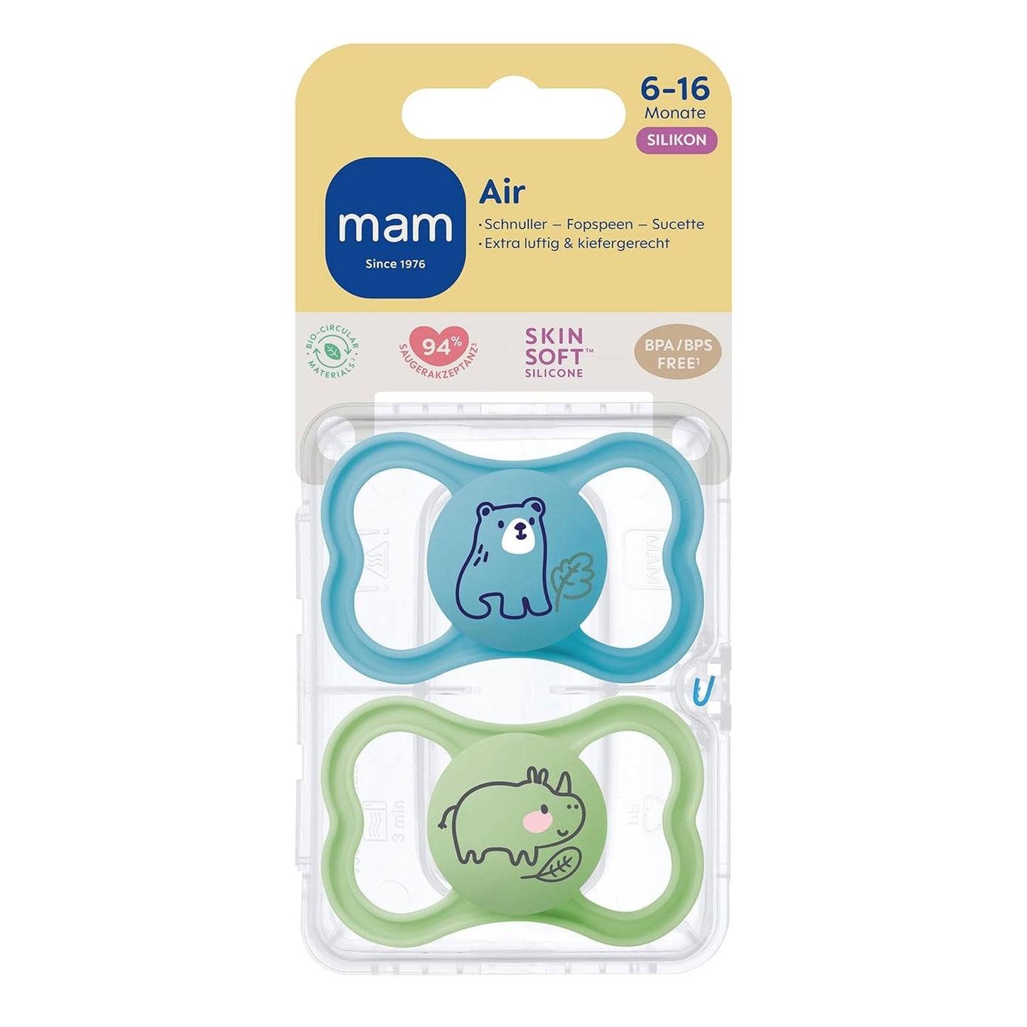 Succhietti in silicone MAM Air, confezione da 2, design extra leggero e arioso, succhietto per bambini adatto ai denti, in silicone speciale MAM SkinSoft con scatola per ciuccio, 6-16 mesi, orsetto/rinoceronte