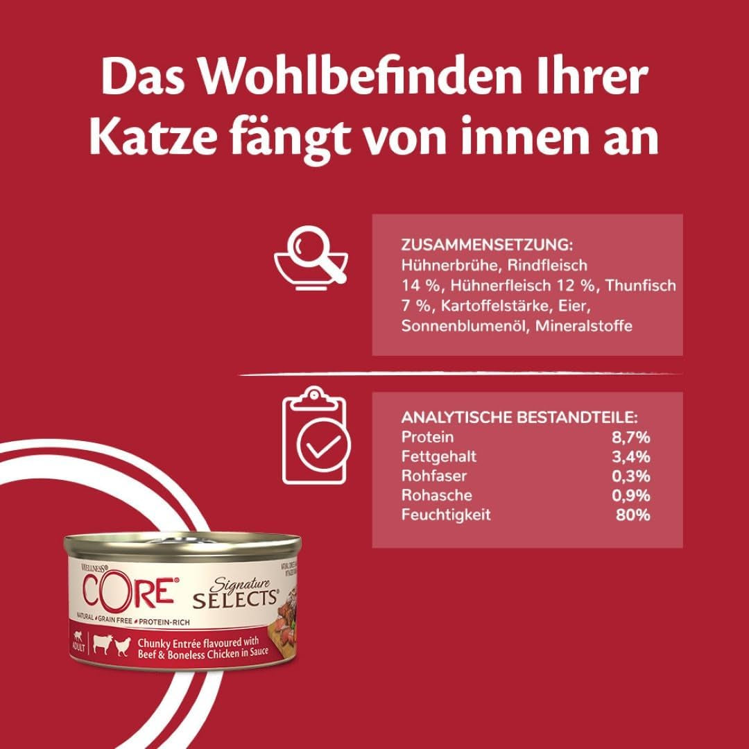 Wellness CORE Signature Selects 8 x 79g, Mix Manzo, Pollo e Tacchino - Cibo umido per gatti, deliziose strisce in salsa, senza cereali, naturale, ipoallergenico, ricco di proteine, ricco di carne